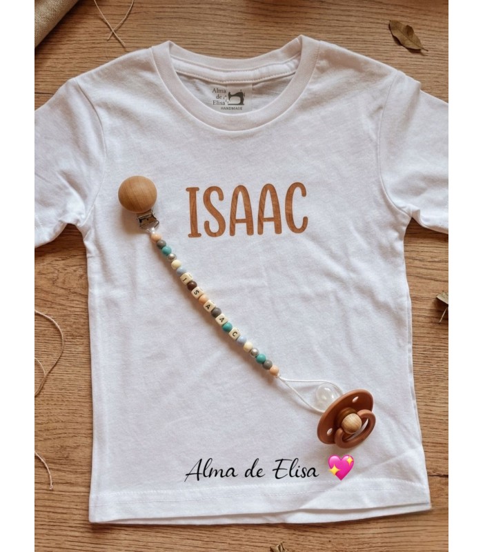 Pack Personalizado Bebé: Camiseta con Nombre y Chupetero de Madera a Juego