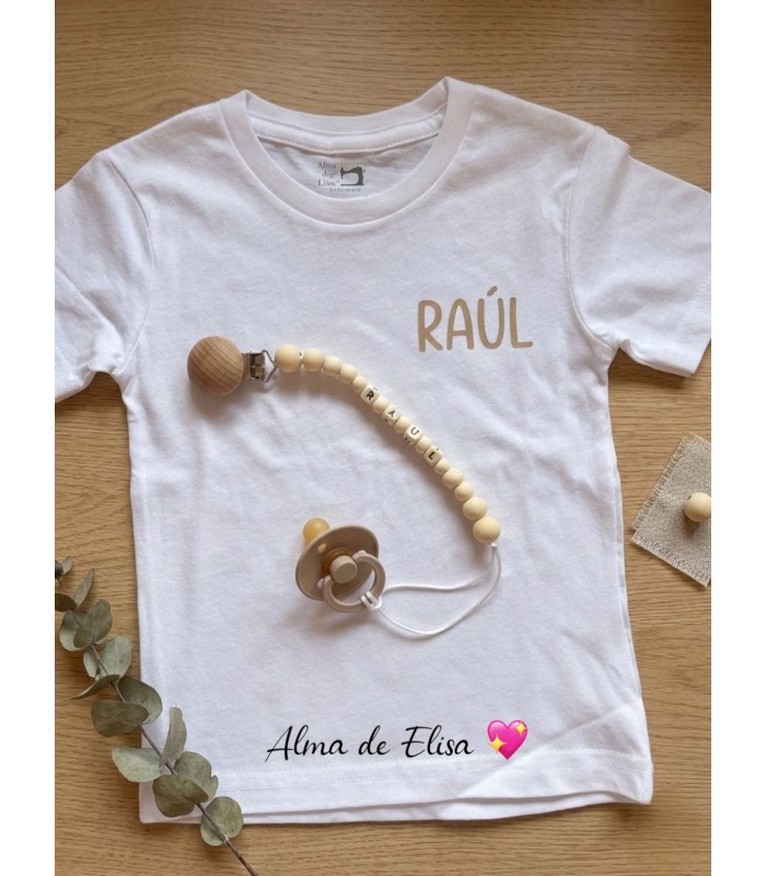 Pack Personalizado Bebé: Camiseta con Nombre y Chupetero de Madera a Juego