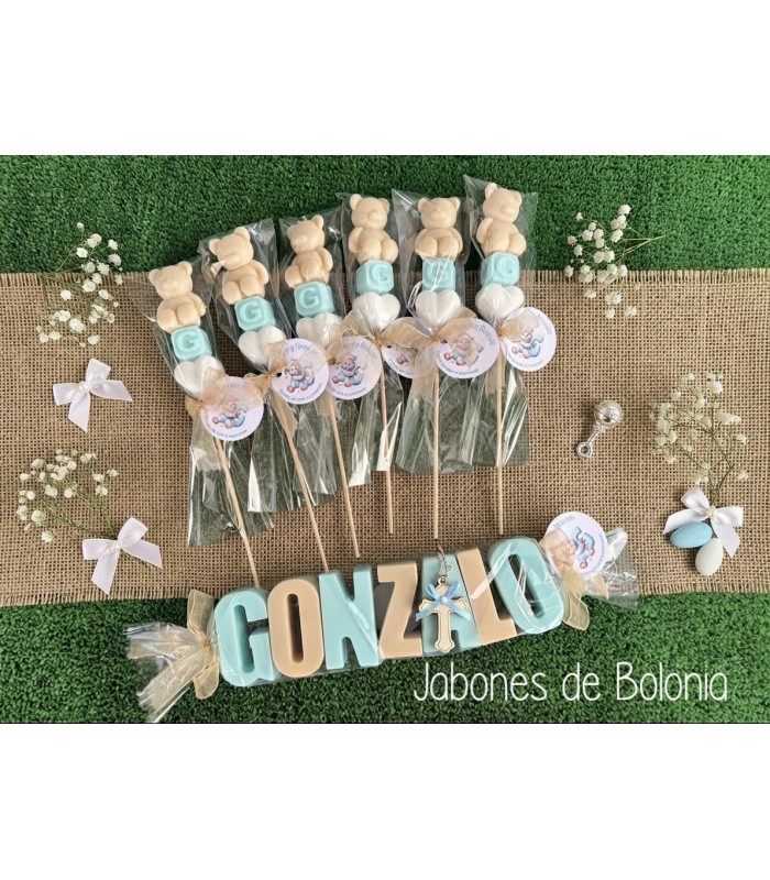 Brocheta de Jabón Artesanal con Osito, Cubo y Corazón