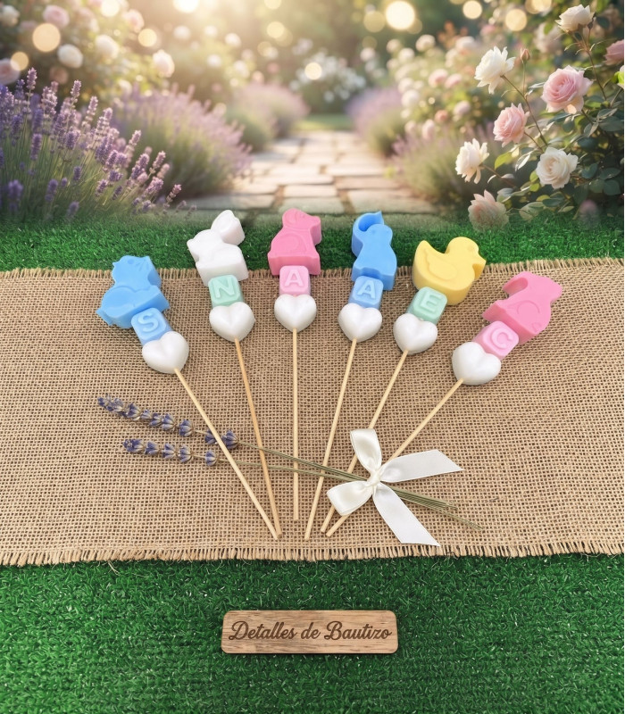 Brocheta de Jabón Artesanal con Animalitos, Cubo de Letras y Corazón