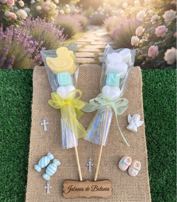 Brocheta de Jabón Artesanal con Animalitos, Cubo de Letras y Corazón