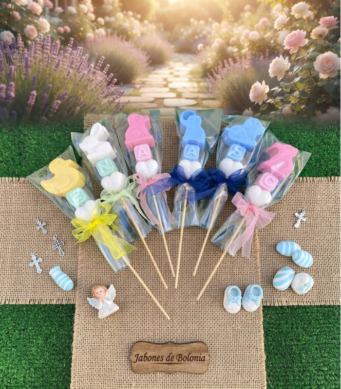 Brocheta de Jabón Artesanal con Animalitos, Cubo de Letras y Corazón