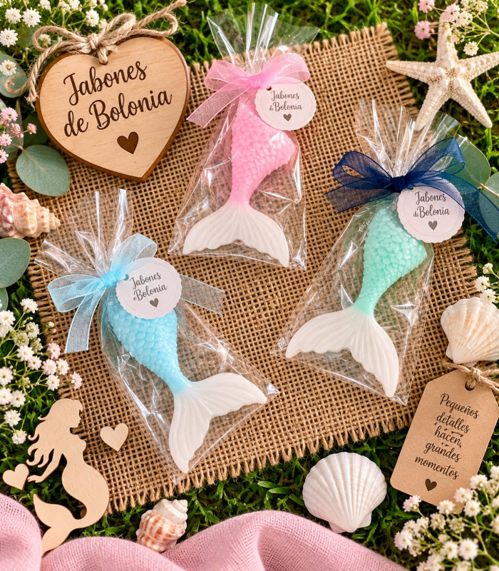 Colita de sirena bicolor de jabón personalizada para eventos