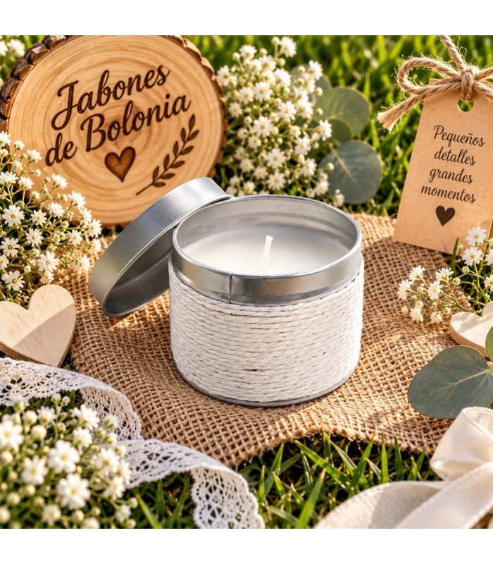 Vela en lata personalizada para bautizo, comunión y boda