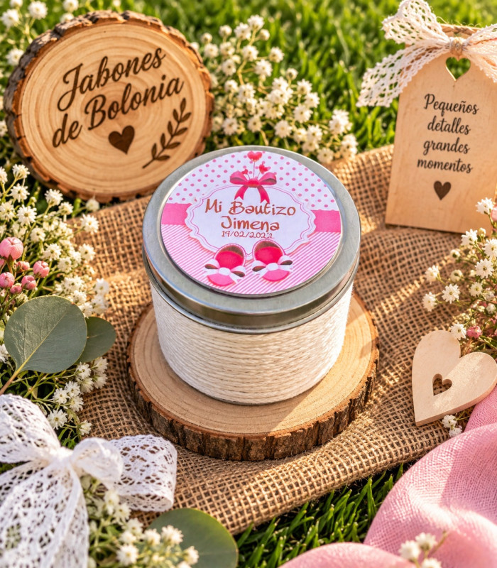 Vela en lata personalizada para bautizo, comunión y boda