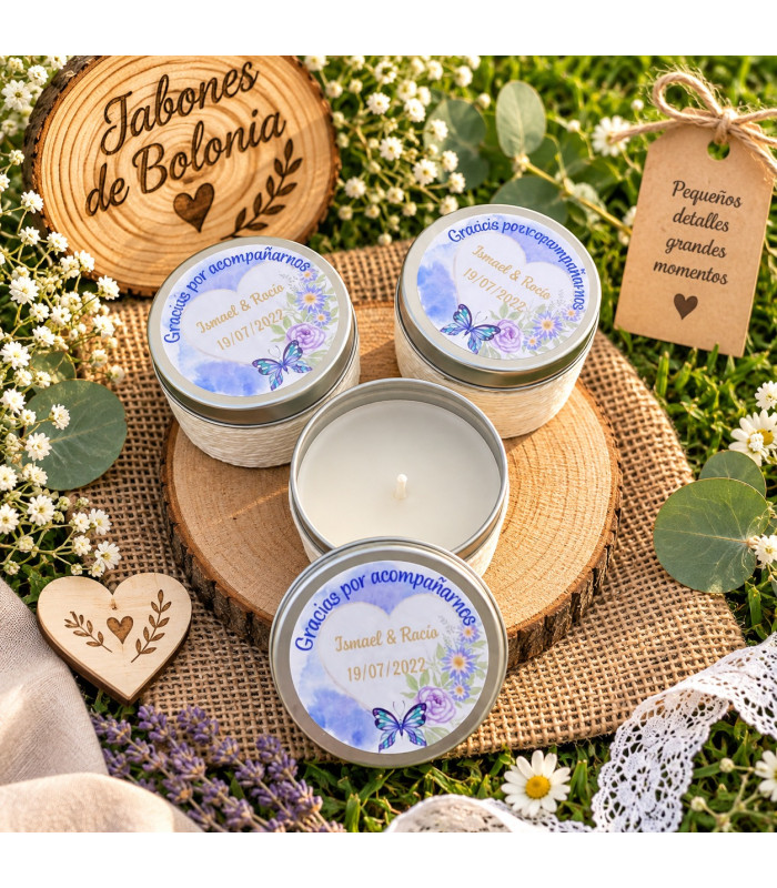 Vela en lata personalizada para bautizo, comunión y boda