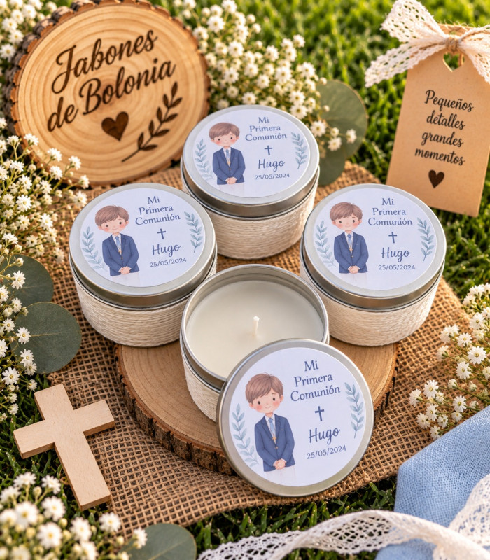 Vela en lata personalizada para bautizo, comunión y boda