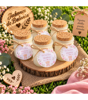 Vela personalizada en tarrito con tapón de corcho para bodas, bautizos y comuniones
