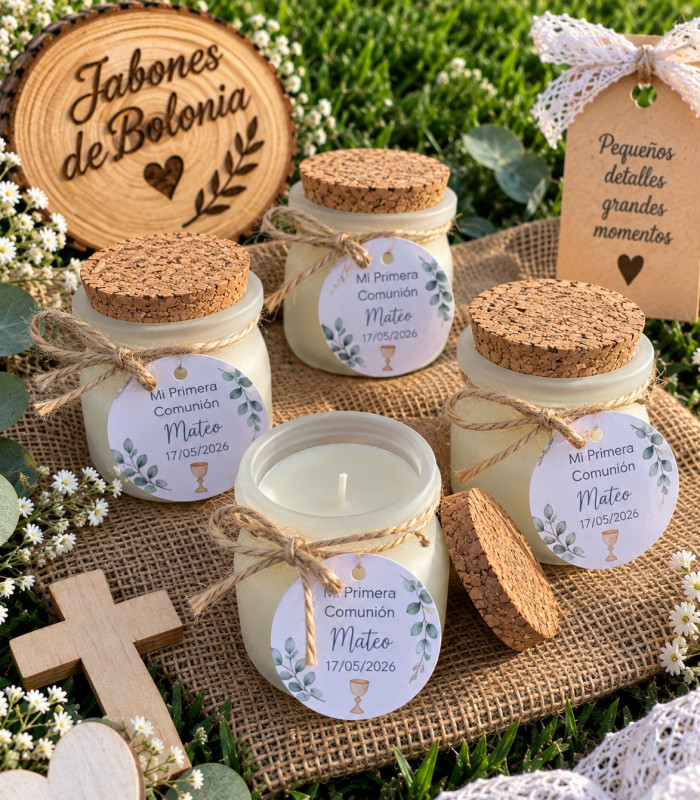 Vela personalizada en tarrito con tapón de corcho para bodas, bautizos y comuniones