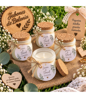Vela personalizada en tarrito con tapón de corcho para bodas, bautizos y comuniones