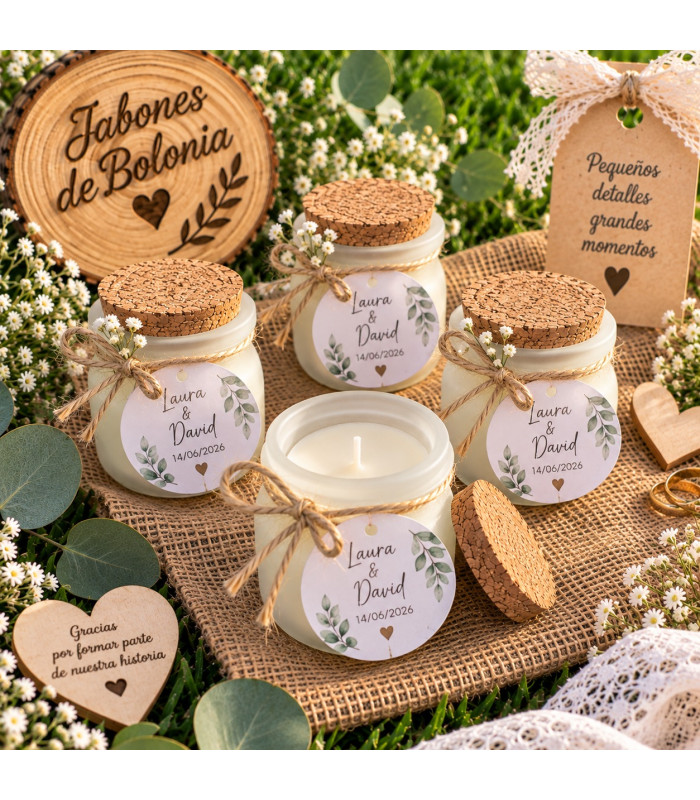 Vela personalizada en tarrito con tapón de corcho para bodas, bautizos y comuniones