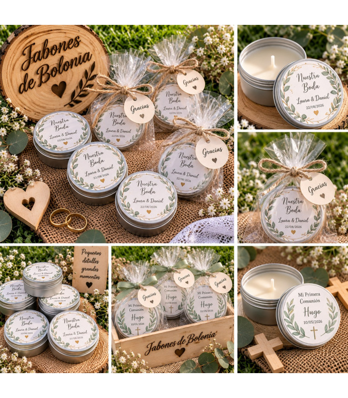 Vela en latita personalizada para bodas, bautizos y comuniones