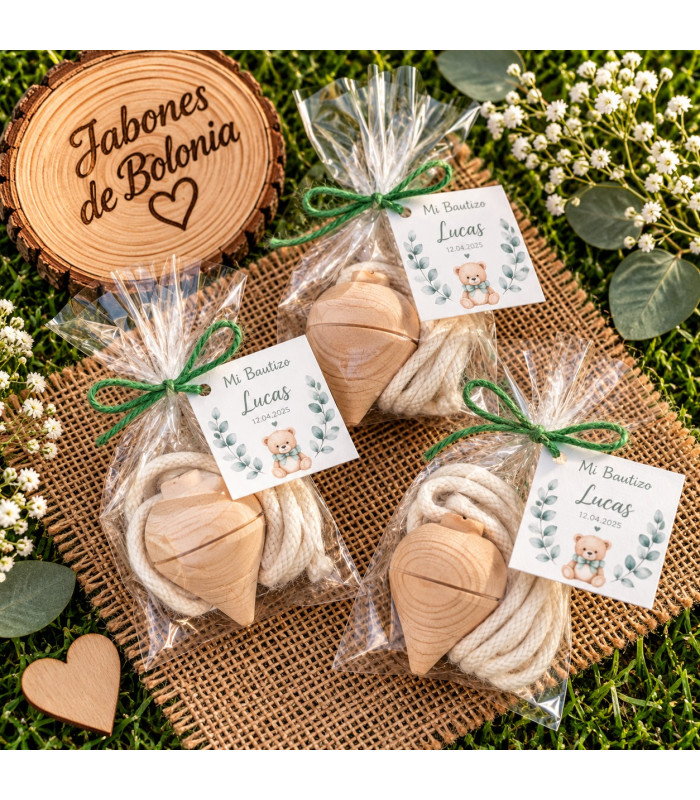 Peonza de madera personalizada para comunión, bautizo y boda