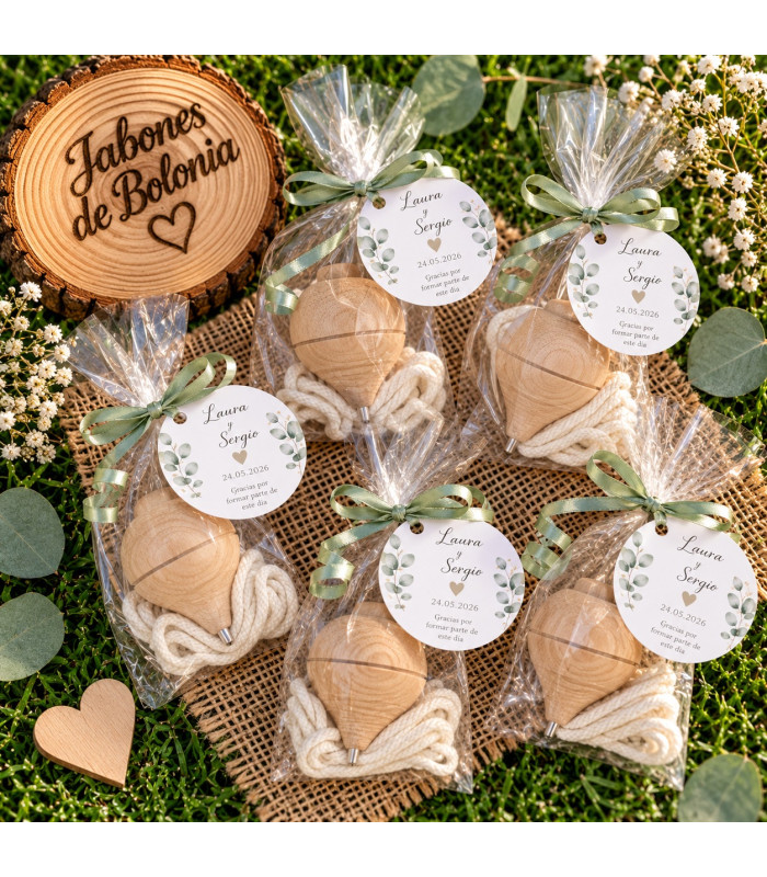 Peonza de madera personalizada para comunión, bautizo y boda