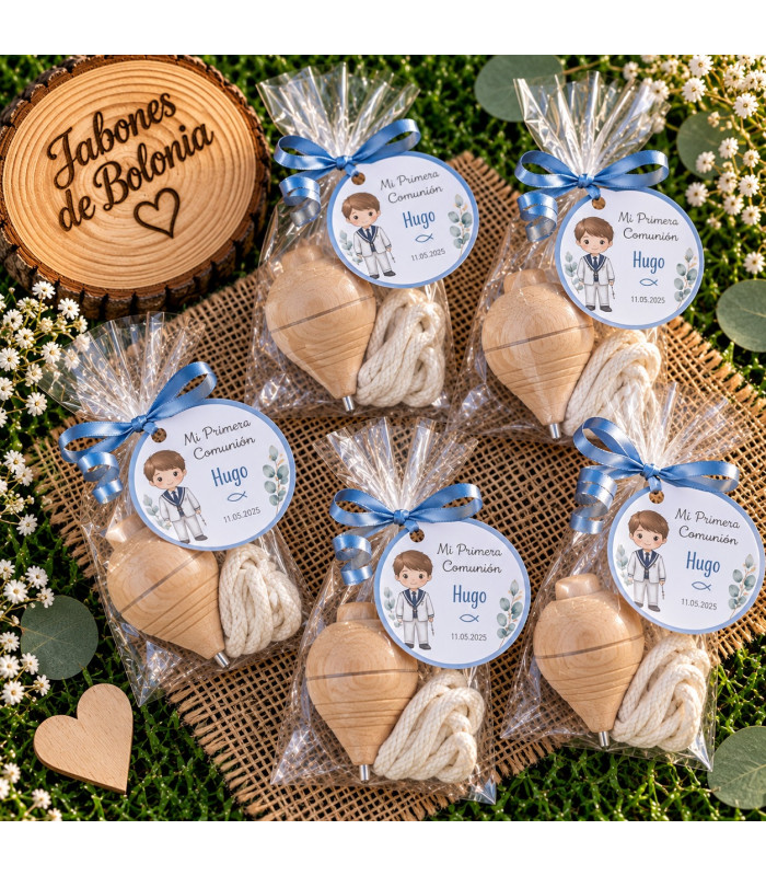 Peonza de madera personalizada para comunión, bautizo y boda