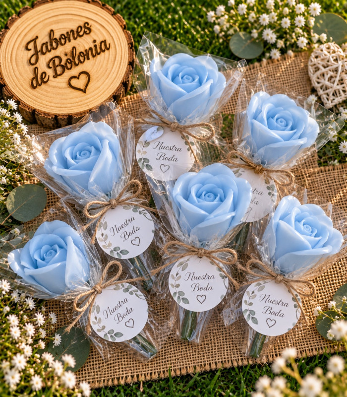 Rosa de jabón para bodas personalizada con etiqueta