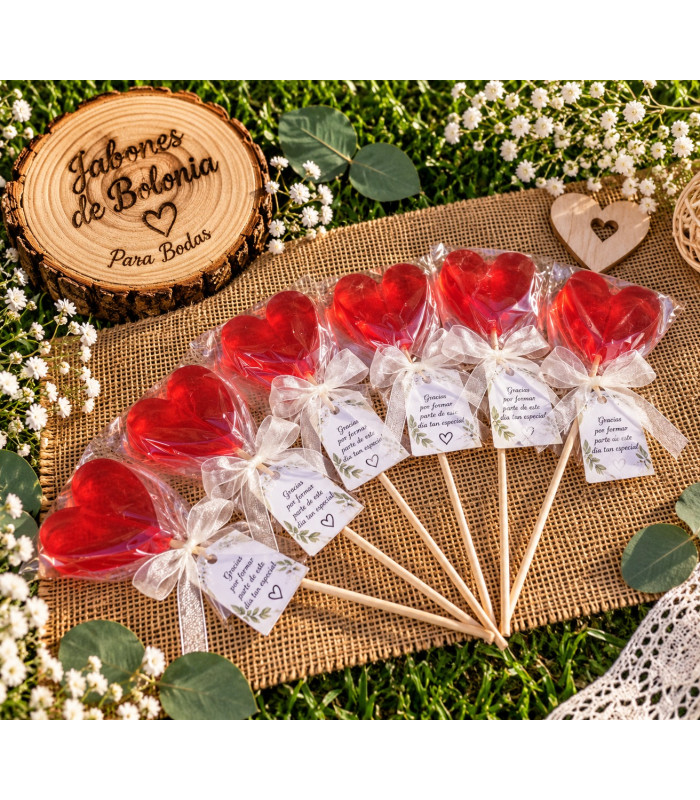 Corazón de jabón en brocheta personalizado para bodas
