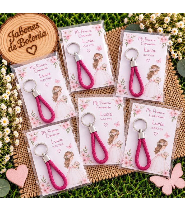 Llavero de Polipiel con Tarjeta Personalizada para Bautizo,Comunión y Eventos