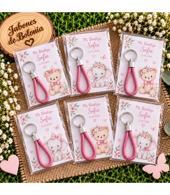 Llavero de Polipiel con Tarjeta Personalizada para Bautizo,Comunión y Eventos