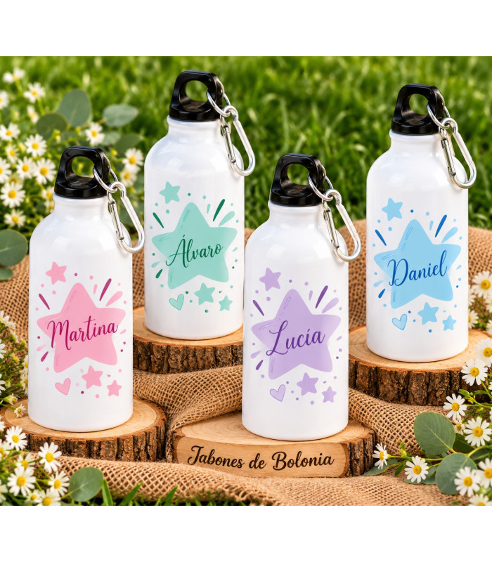 Botella personalizada con nombre para comuniones, bautizos y eventos