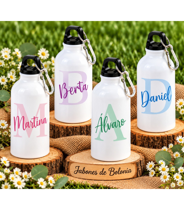 Botella personalizada con nombre para comuniones, bautizos y eventos