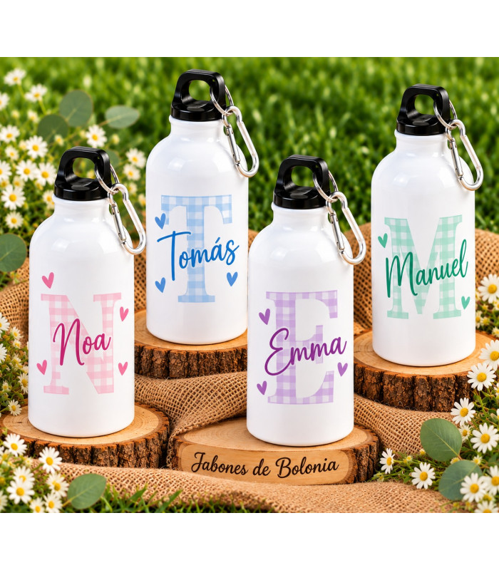 Botella personalizada con nombre para comuniones, bautizos y eventos
