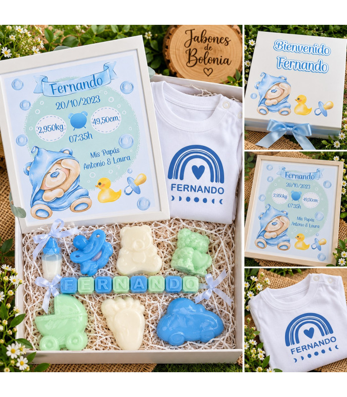 Caja Regalo Para Bebé Personalizada Con Body, Jabones Y Lámina De Nacimiento