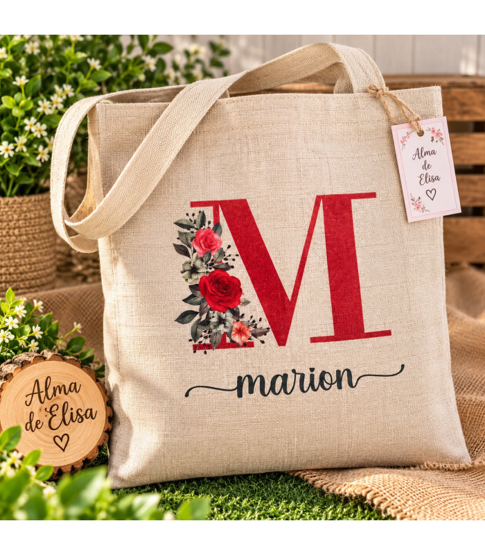 Bolsa Tote Personalizada Con Inicial Floral Y Nombre