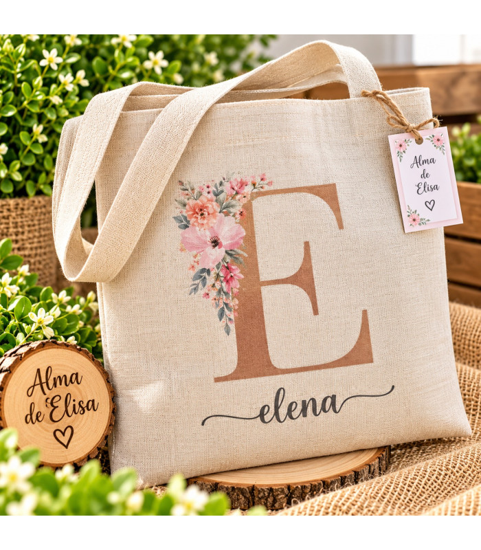 Bolsa Tote Personalizada Con Inicial Floral Y Nombre