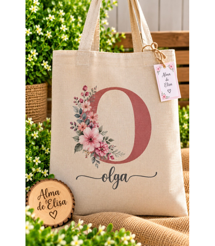 Bolsa Tote Personalizada Con Inicial Floral Y Nombre