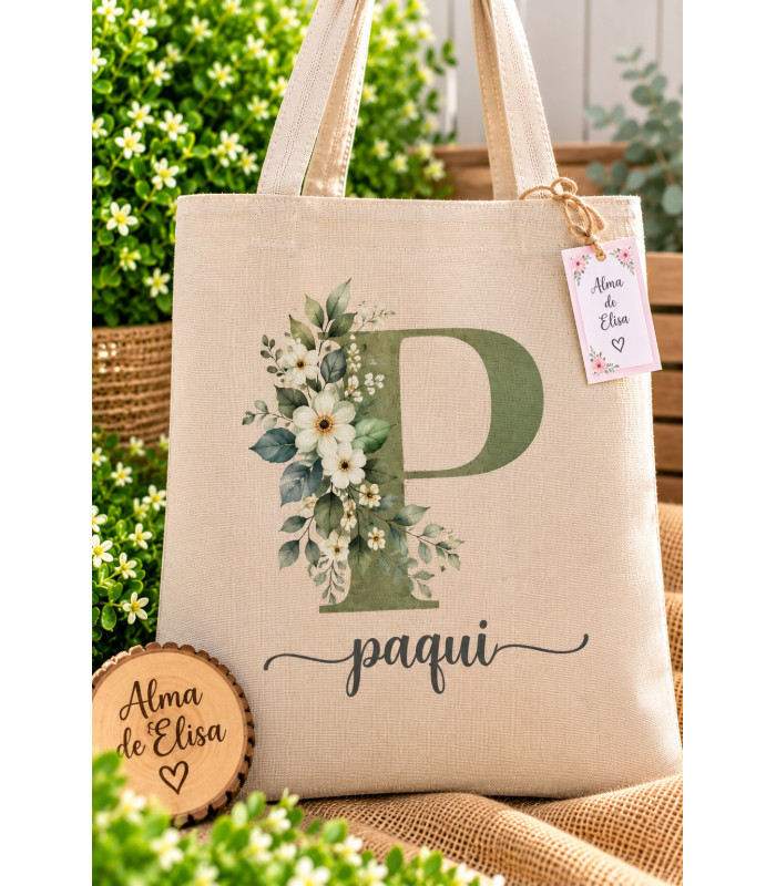 Bolsa Tote Personalizada Con Inicial Floral Y Nombre