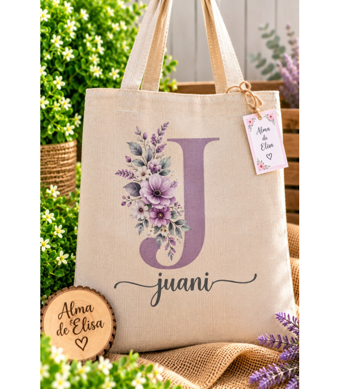 Bolsa Tote Personalizada Con Inicial Floral Y Nombre