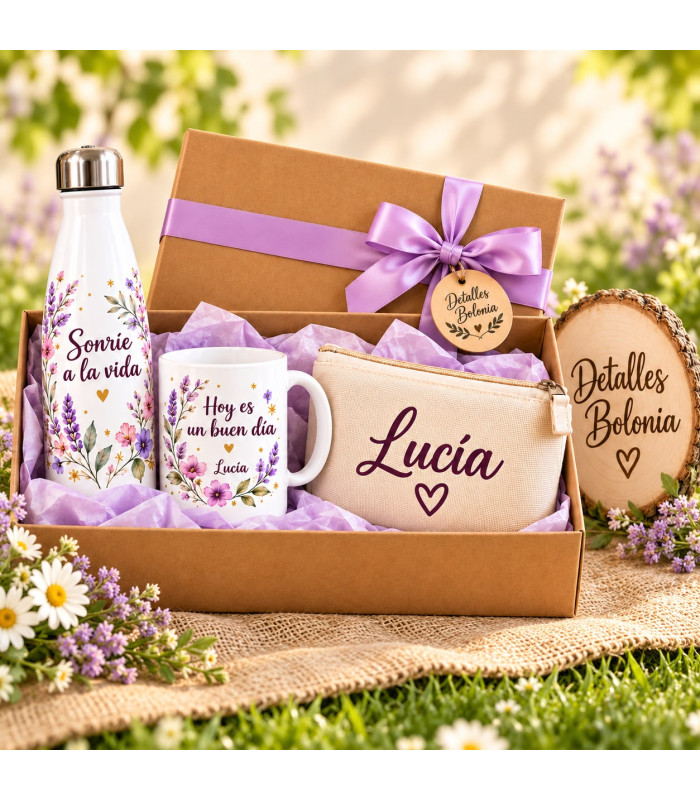 Caja De Regalo Personalizada Con Botella Termo, Taza Y Neceser