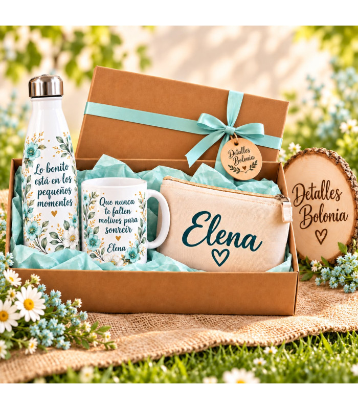 Caja De Regalo Personalizada Con Botella Termo, Taza Y Neceser